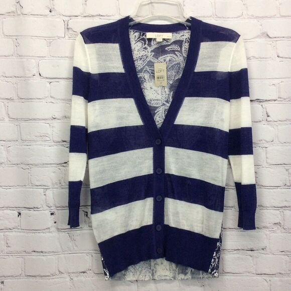 Ann Taylor Loft Cardigan Womens Size SP Purple Striped Floral Back Petite Button - Picture 5 of 7